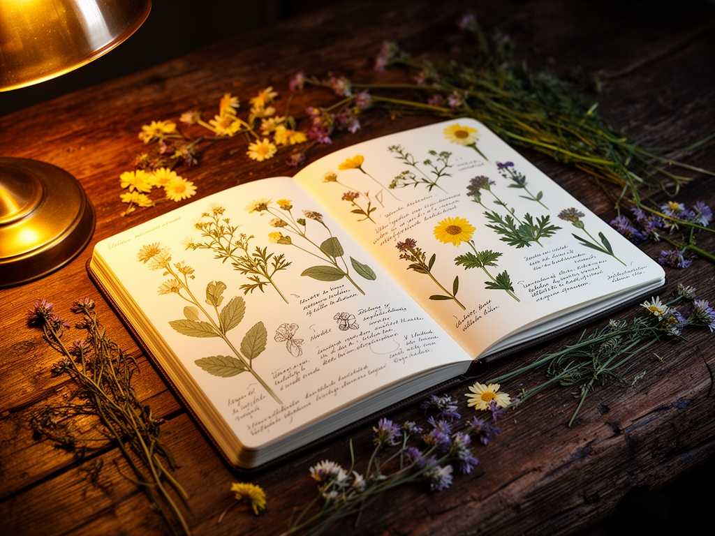 Öppen anteckningsbok med botaniska skisser och noteringar om växtegenskaper, omgiven av pressade blommor och örter, varmt lampljus belyser sidan på ett gammalt ekbord