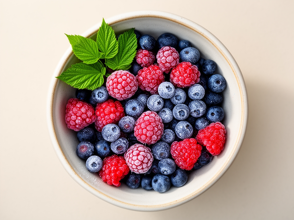 Blandning av färska bär i en keramikskål – blåbär, hallon och björnbär med frostat yttre och gröna blad som dekoration, fotograferat uppifrån på ljust bakgrund