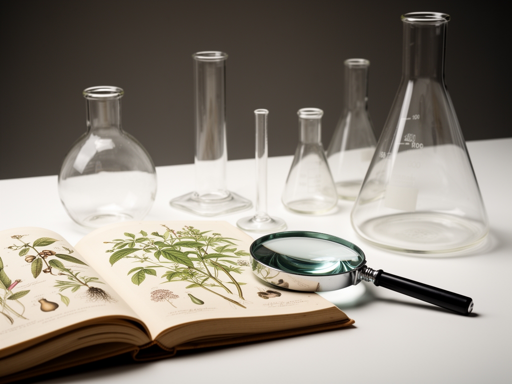 Stiliserade vetenskapliga instrument på ett vitt bord – glaskolvar, en öppen bok med botaniska illustrationer och ett förstoringsglas, stämningsfullt mjukt studioljus