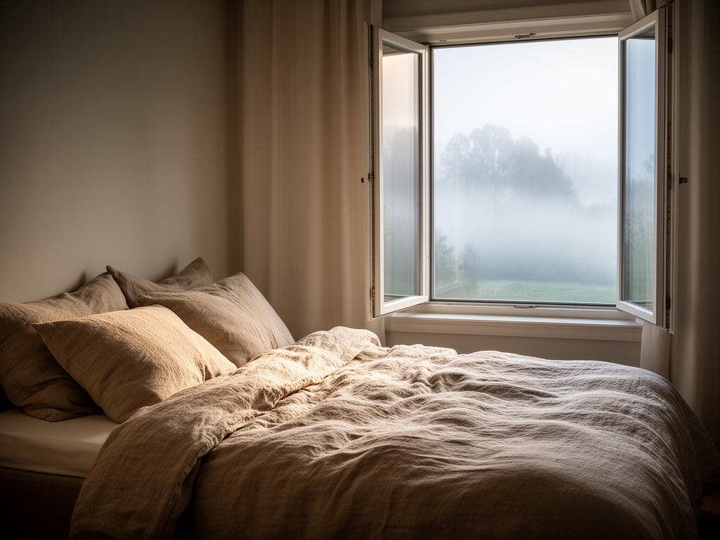 Stämningsfull sovmiljö med naturligt dämpat ljus, linnelakan i neutrala beige toner och ett öppet fönster med morgondimma utanför, symboliserar återhämtning och sömnkvalitet