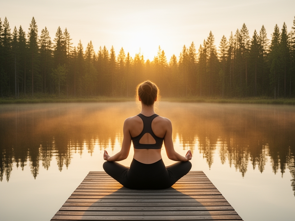 Person i meditationsposition på en träbrygga vid en stilla sjö omgiven av granskog, tidigt morgonljus skapar ett varmt gyllene skimmer, fokus på lugn och balans